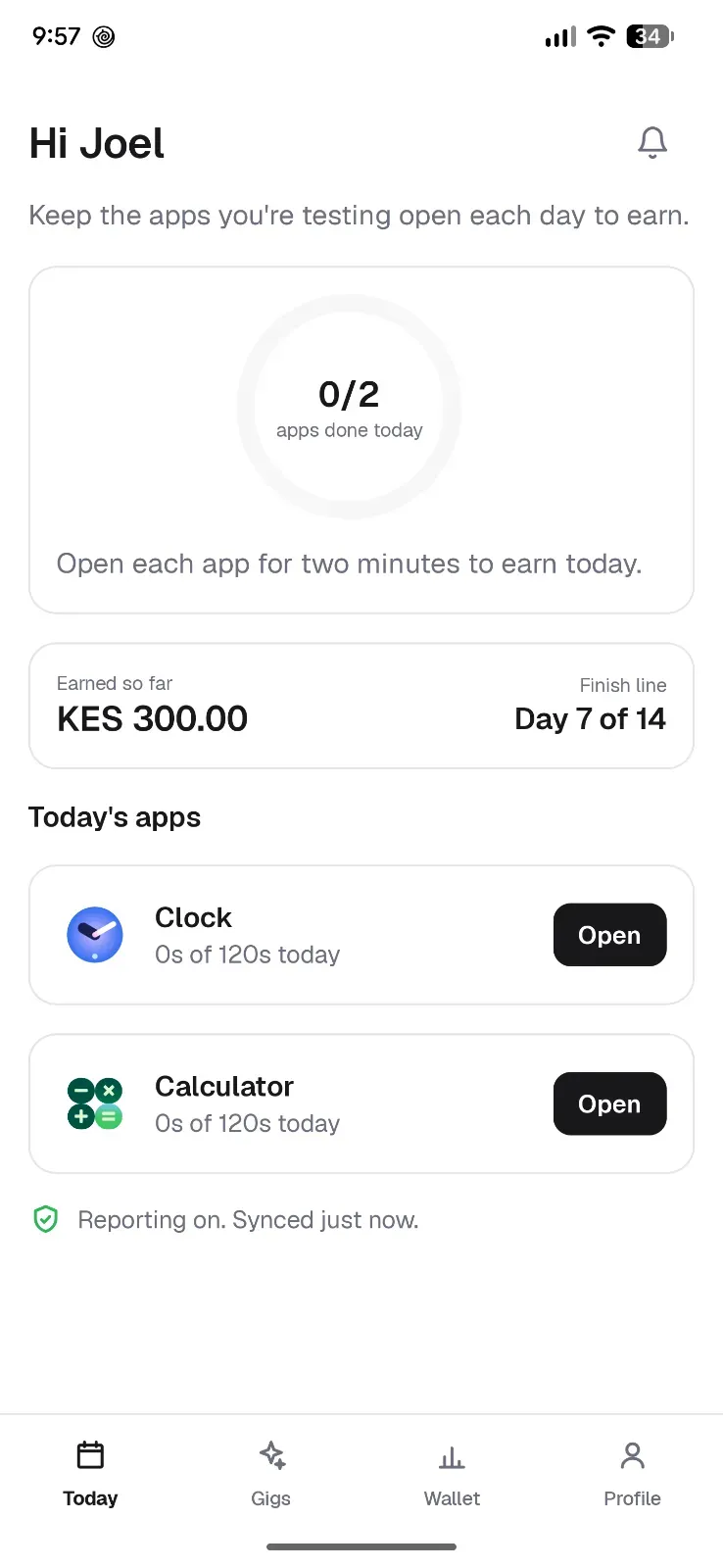 The TesterGig app showing today's apps to open, days verified, and the finish line.